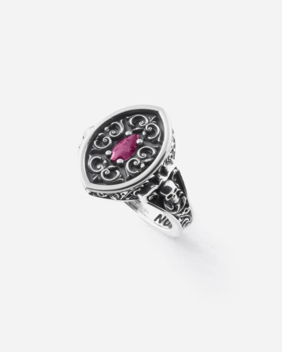 ANELLO CHEVALIER MARQUISE DECORATO BONNIE IN ARGENTO CON PIETRA ROSSA