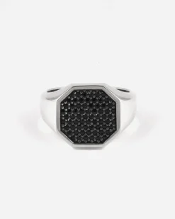 ANELLO CHEVALIER OTTAGONO IN ARGENTO CON PAVÈ DI BRILLANTI NERI