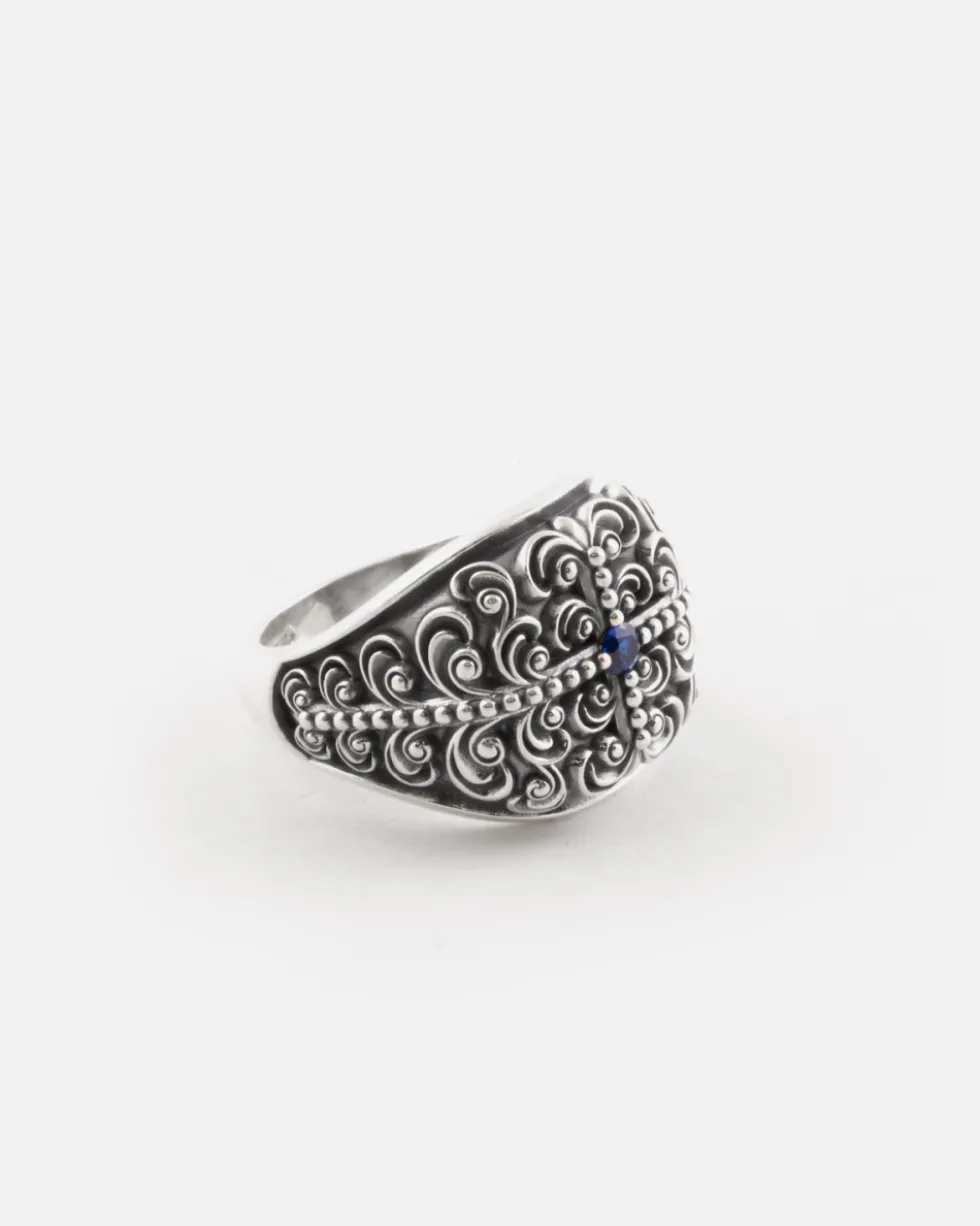 ANELLO CHEVALIER QUADRATO DECORATO AMISTAD IN ARGENTO CON PIETRA BLU