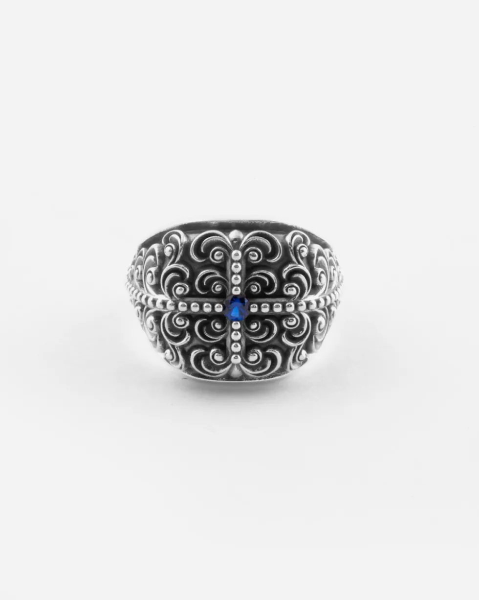 ANELLO CHEVALIER QUADRATO DECORATO AMISTAD IN ARGENTO CON PIETRA BLU