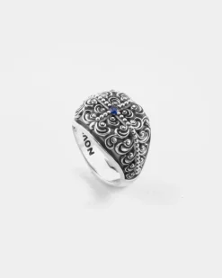 ANELLO CHEVALIER QUADRATO DECORATO AMISTAD IN ARGENTO CON PIETRA BLU