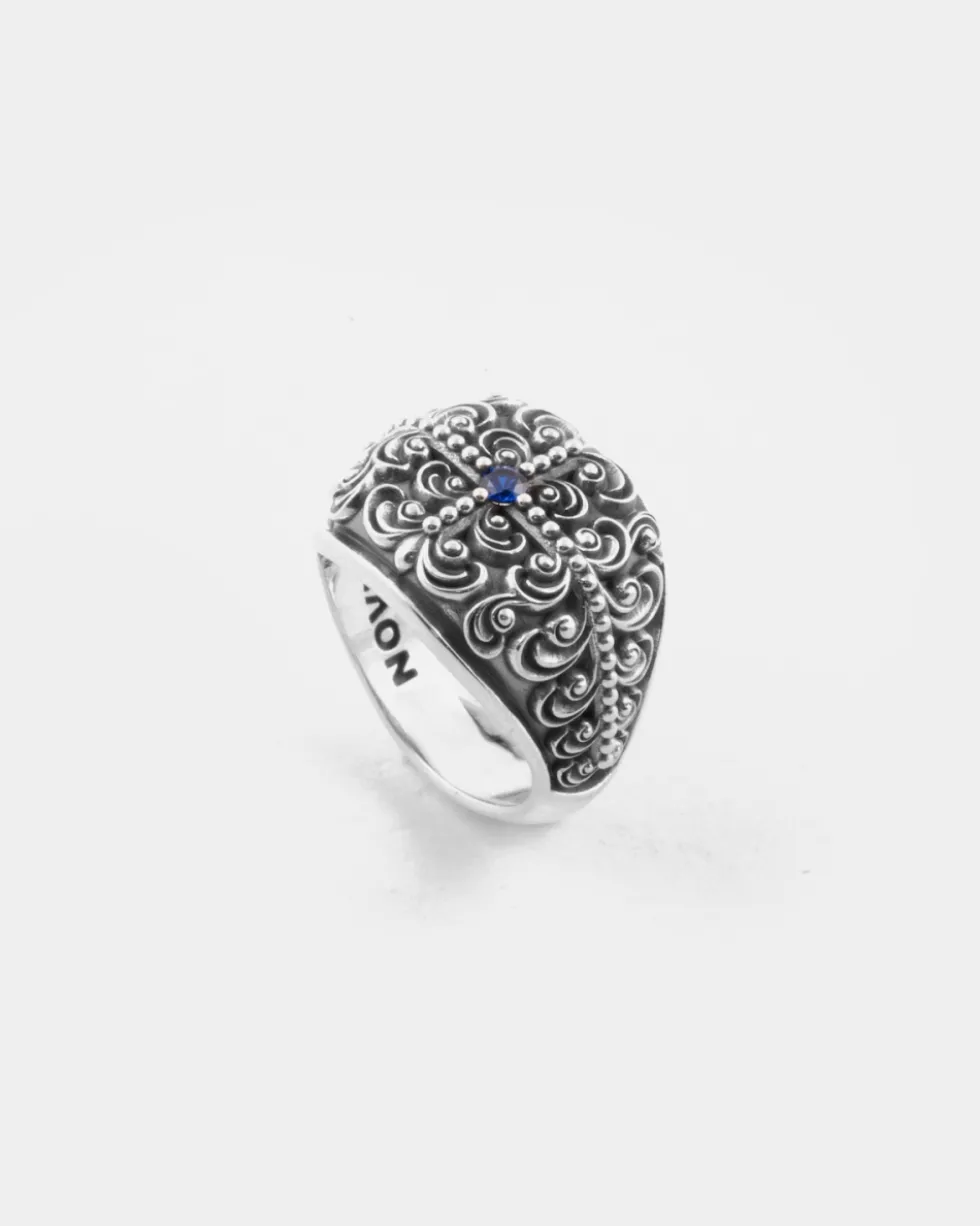 ANELLO CHEVALIER QUADRATO DECORATO AMISTAD IN ARGENTO CON PIETRA BLU