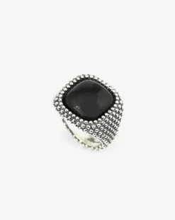 ANELLO CHEVALIER QUADRATO PUNTINATO CON PIETRA NERA