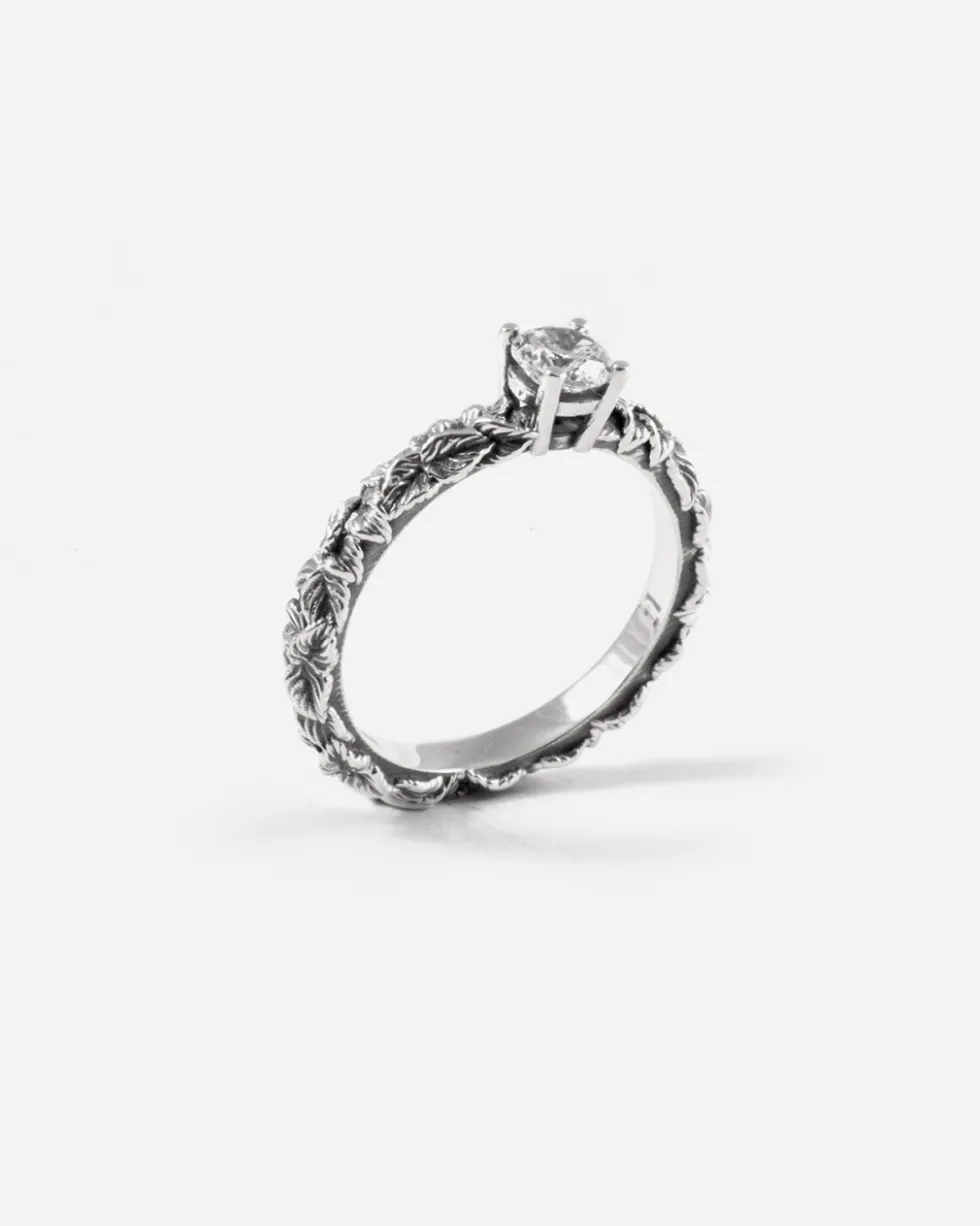 ANELLO FEDINA SOLITARIO FOGLIE IN ARGENTO CON BRILLANTE BIANCO