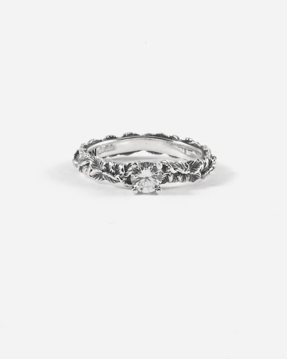 ANELLO FEDINA SOLITARIO FOGLIE IN ARGENTO CON BRILLANTE BIANCO