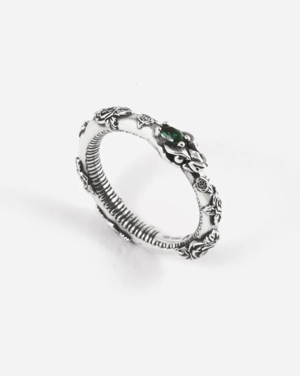 ANELLO SERPENTE UROBORO ETERNAL GREEN IN ARGENTO CON ROSE E BRILLANTI VERDI