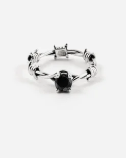 ANELLO SOLITARIO FILO SPINATO IN ARGENTO CON BRILLANTE NERO